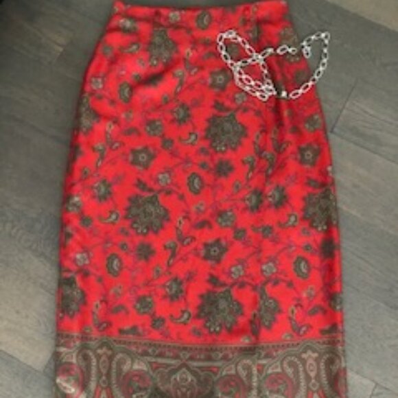 Jones NY Country Wrap Silk Skirt Red + grey Sz 6 - Picture 2 of 5
